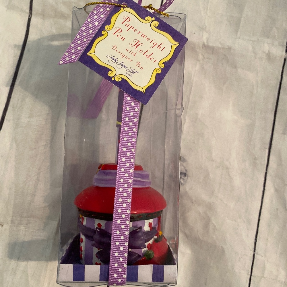 Red hat, pen weight and holder by Lady Jayne